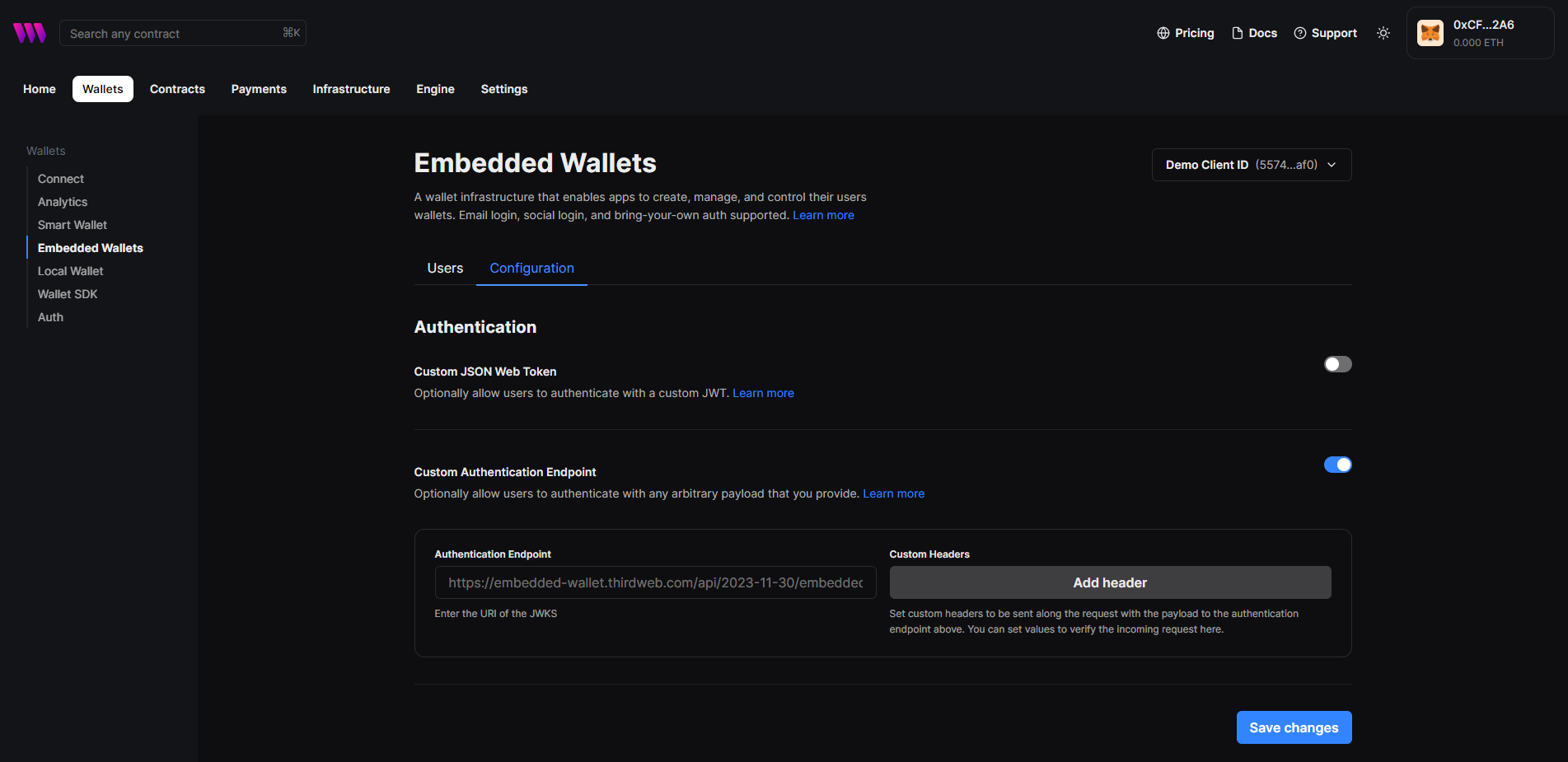 Configuration view for embedded wallet