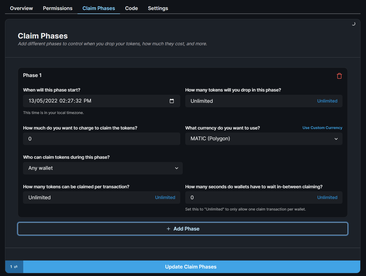 Token Drop Claim Phases via Dashboard